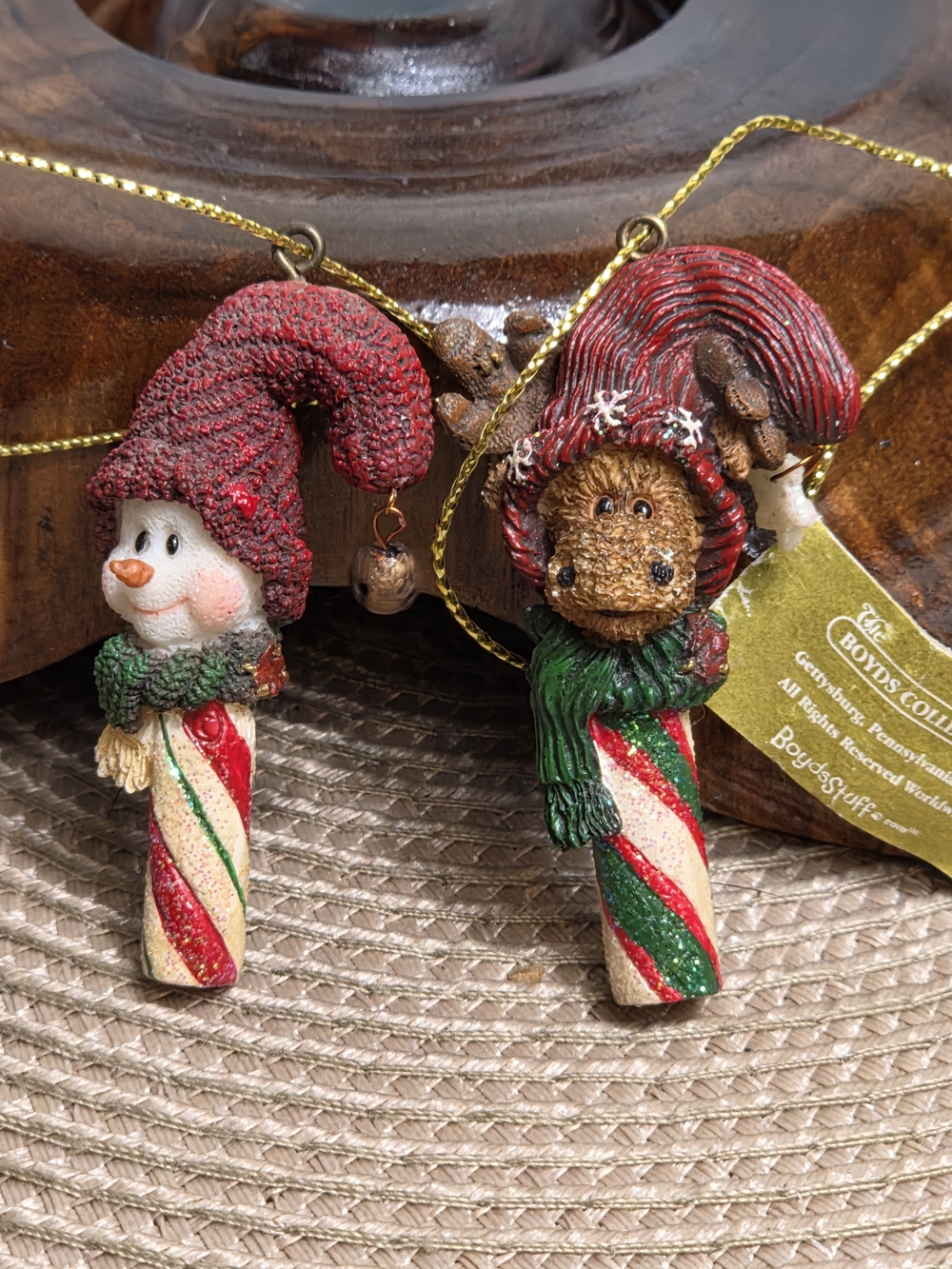 Boyds Collection Candy Cane Christmas Ornaments Set Snowman & Moose